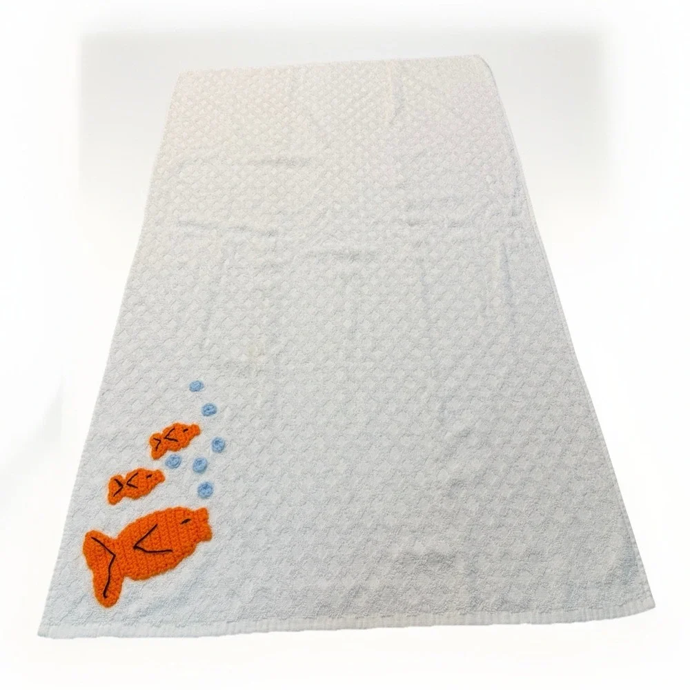 Vintage Crochet Goldfish Bath Towel Set 3pc Handmade Mid Century Kitsch Decor
